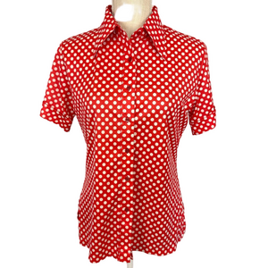 Vintage Retro Top Button Up Pointed Collar Orange-red Polka-dot Women's M-L